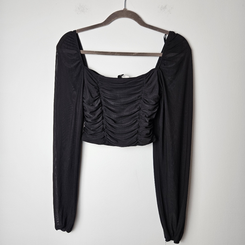 ✨️4/$12✨️ H&M‎ Sheer Cropped Long Sleeve Rouched Blouse Small Black